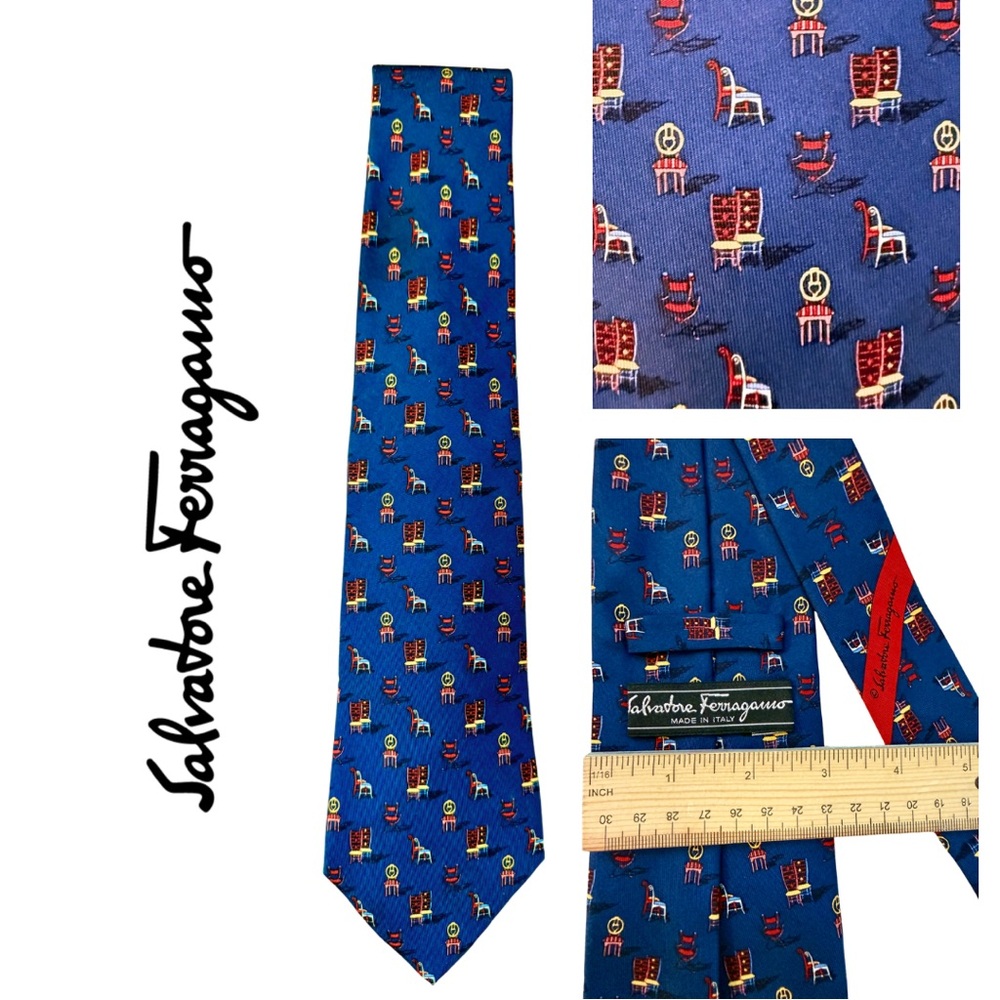 Salvatore Ferragamo Men’s Silk Blue Tie with Red and Gold Regency Chair Motifs